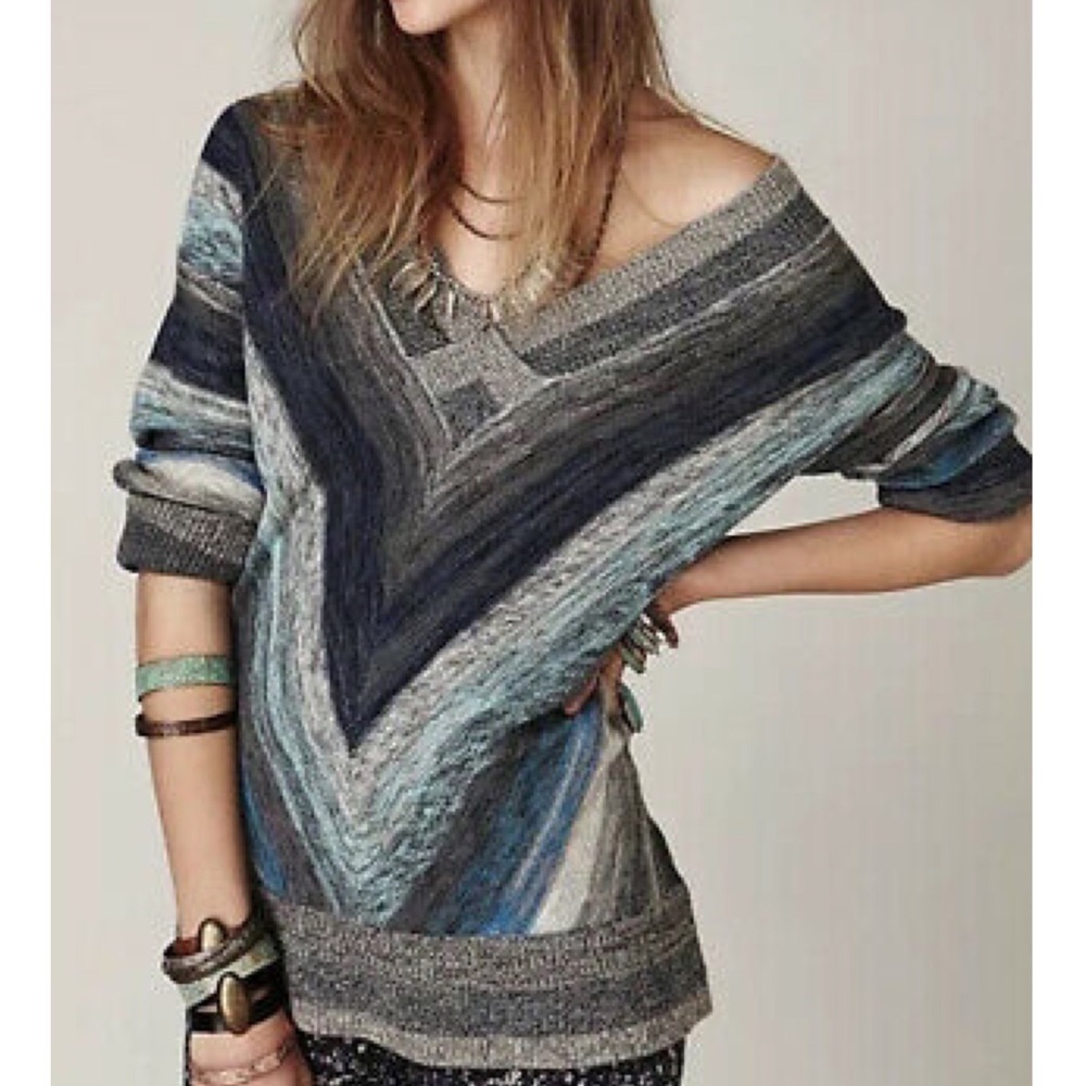 Free People V-neck Striped Sweater blue gray small wool